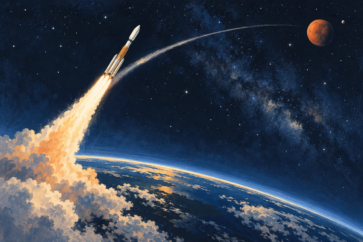 夜明け前の空へ、白いロケットが炎の尾を引いて弧を描きながら上昇していくイラスト。下には青い地球、遠くには赤い火星と小さな衛星が見える。